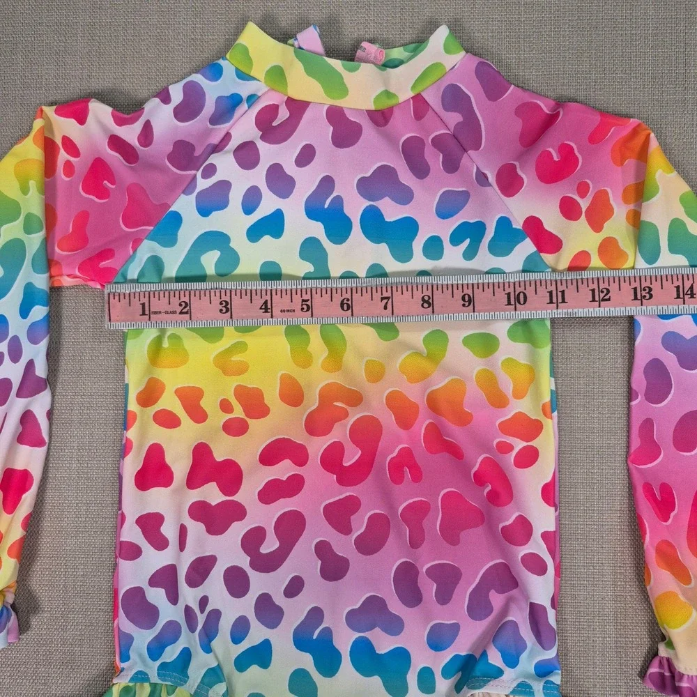 Girls Rainbow Leopard Long Sleeve Rash Guard Swimsuit Size 130